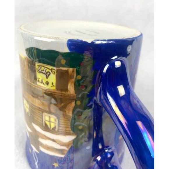 Ceramic Coffee Tea Mug by Cardinal Inc with Winter Village Scene Blue Handle - Picture 6 of 7